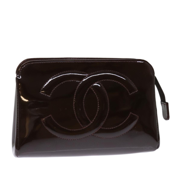 CHANEL Pouch Patent leather Brown CC Auth 74604 - Picture 1 of 16